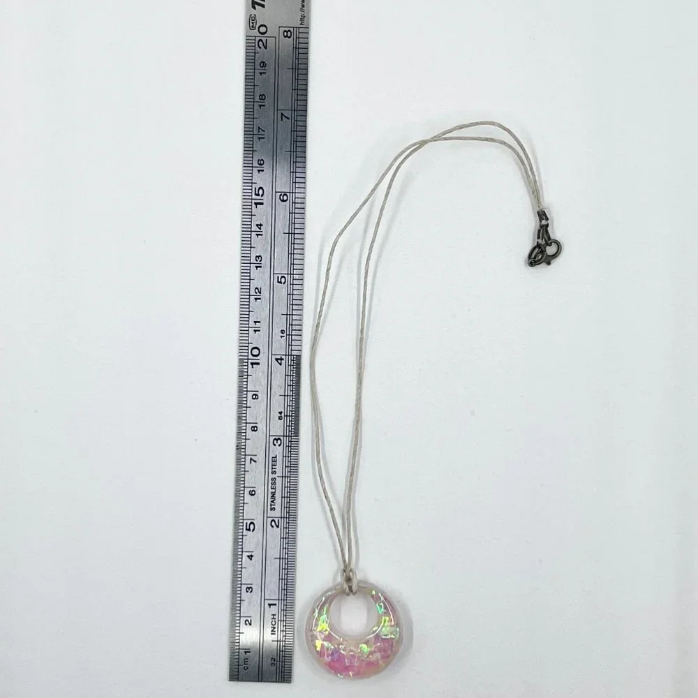 New / Hand Crafted - Pink & Cream Iridescent Round Pendant 16” Cord Necklace - Picture 4 of 7